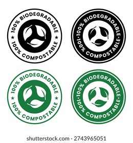 Biodegradable recyclable vector icon, 100% present biodegradable recycle stamp, reusable plastic bio package logo icon set, composable recyclable vector icon