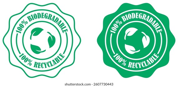 Biodegradable recyclable vector icon set collection on white background. Eco friendly biodegradable certification badge. 100 percent recyclable eco label design. Vector illustration