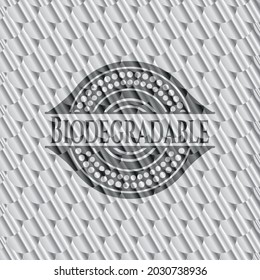 Emblema plateado brillante biodegradable. Patrón de escalas. Ilustración vectorial. Detallado. 