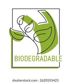 Biodegradable sticker - packet turns to plant branch - eco friendly compostable material production - environment protection emblem in thin line with green fill