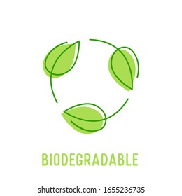 Biodegradable Symbol with Circulate Rotating Green Leaves. Compostable Recyclable Plastic Package Icon with Doodle Drawing Bio Degradable Label for Poster Banner Flyer Brochure Vector Illustration