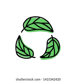 Biodegradable symbol green leaves eco recycled icon doodle vector illustration isolated on white background