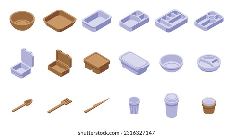 Biodegradable tableware icons set isometric vector. Paper party. Plate eco