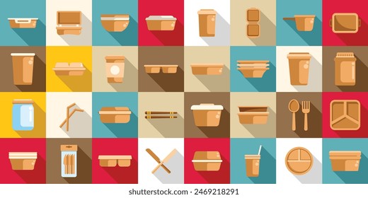 Biodegradable tableware icons set vector. A collection of various food containers and utensils. The image is a collection of different shapes and sizes of containers, including bowls, cups, and spoons