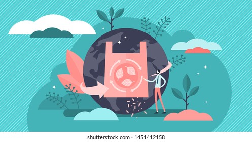 Biodegradable vector illustration. Flat tiny recycled bags persons concept. Nature friendly packaging symbol with waste free management. Resources saving and zero waste ecology. Global plastic reuse.