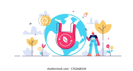 Biodegradable vector illustration. Flat tiny recycled bags persons concept. Nature friendly packaging symbol with waste free management. Resources saving and zero waste ecology. Global plastic reuse.