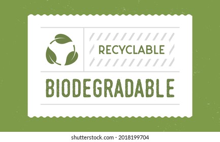Biodegradable - vintage label template. Eco, Bio product vintage packaging design. Recyclable label, tag, sticker design for packaging. Hipster vintage old sticker template. Vector illustration