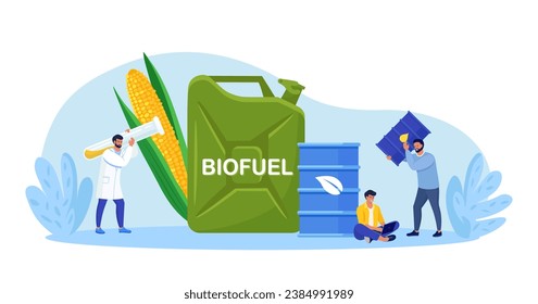 Producción de diesel o biogás de energía verde a partir de plantas de maíz. Combustible ecológico para gasolinera. La gente usa biocombustible. Científico crea combustible de materiales naturales. Hombre sostiene un bote de aceite de biogasolina