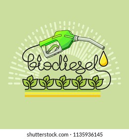 Biodiesel green energy concept. Linear Flat illustration with natural biofuel pump icon, leaves and lettering isolated on green background. Biodiesel vector icon.