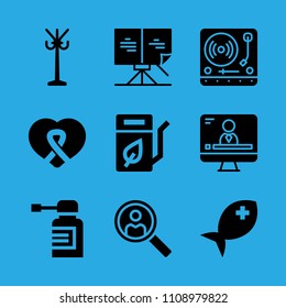 biodiesel, search, turntable, spray, rack, television, awareness ribbon inside a heart, sheet music and fish vector icon. Simple icons set
