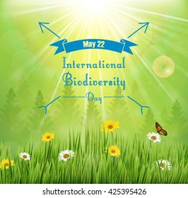 Fondo de biodiversidad con flores en praderas y pinos.Vector