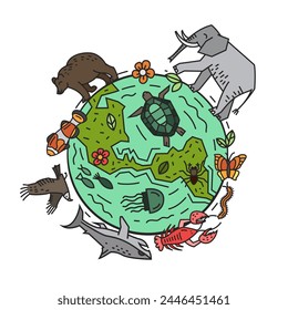 Biodiversity, biological diversity. Variety of life on Earth. Genetic variability. All of the species in one region or ecosystem. Vector illustration in bright colorful style on a white background