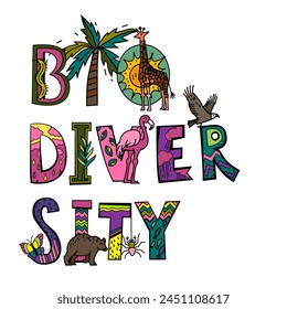 Biodiversity, biological diversity. Variety of life on Earth. Genetic variability. All of the species in one region or ecosystem. Vector illustration in bright colorful style on a white background