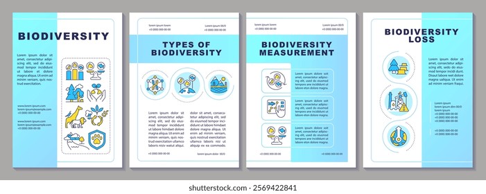 Biodiversity blue gradient brochure template. Causes of biodiversity loss. Ecosystems. Leaflet design with linear icons. Editable 4 vector layouts