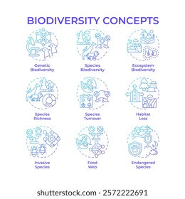 Biodiversity blue gradient concept icons. Ecological balance. Habitat loss issues. Biological diversity types. Wildlife. Icon pack. Vector images. Round shape illustrations. Abstract idea