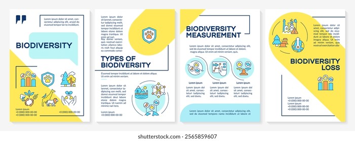 Biodiversity blue and yellow brochure template. Causes of biodiversity loss. Ecosystems. Leaflet design with linear icons. Editable 4 vector layouts