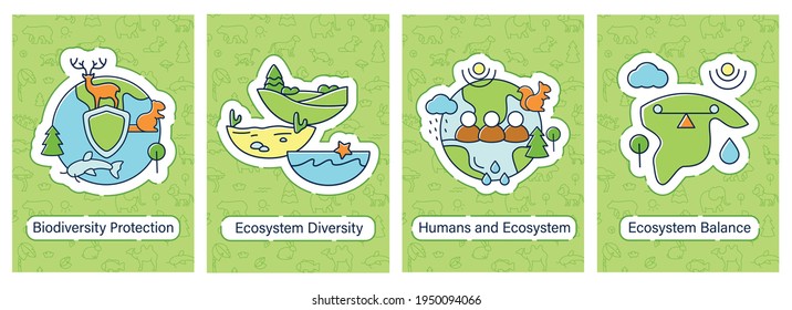 Biodiversity brochure icons.Diversity, humans and ecosystem, balance template. Flyer, magazine, poster, book cover, booklet. Nature protection infographic concept Layout illustration page with icon