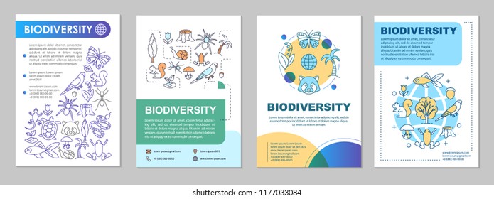 Biodiversity brochure template layout. Flora and fauna. Animals and plants. Flyer, booklet, leaflet print design with linear illustrations. Vector page for magazine, annual report, advertising poster