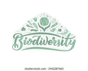 Biodiversity brush lettering decorative word on a white background. Advertising banner template. Maintenance of ecosystem. Vector illustration