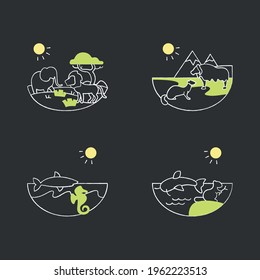 Biodiversity chalk icons set. Consists of desert, savana, tundra, freshwater, marine ecosystems. Biodiversity concept.Isolated vector illustrations on chalkboard