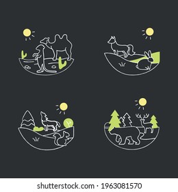 Biodiversity chalk icons set. Consists of desert, grassland,temperate forest, taiga forest ecosystems. Biodiversity concept. Isolated silhouette vector illustrations on chalkboard