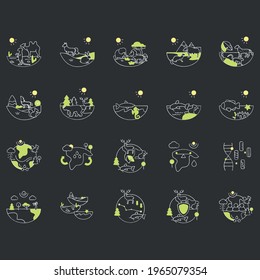 Biodiversity chalk icons set. Consists of desert, grassland, tundra, freshwater, rainforest, coral reef, ecosystem icons. Biodiversity concept. Isolated vector illustration on chalkboard