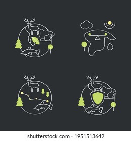 Biodiversity chalk icons set. Ecosystem balance,protection, loss. Biodiversity concept. Isolated vector illustrations on chalkboard