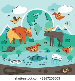 Biodiversity color concept. Environmental protection. Digital illustration for web page, mobile app, promo.