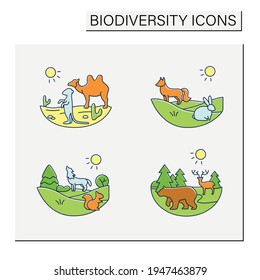 Biodiversity color icons set. Consists of desert, grassland,temperate forest, taiga forest ecosystems. Biodiversity concept. Isolated vector illustrations