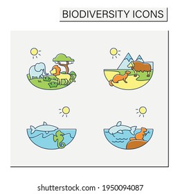 Conjunto de iconos de color de la biodiversidad. Consta de desierto, sabana, tundra, agua dulce, ecosistemas marinos. Concepto de biodiversidad. Ilustraciones vectoriales aisladas