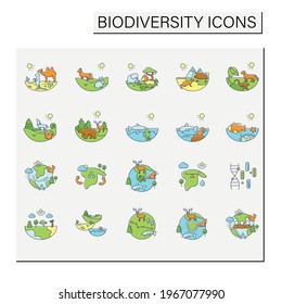 Biodiversity Color Icons Set. Consists Of Desert, Grassland, Tundra, Freshwater, Rainforest, Coral Reef, Ecosystem Icons. Biodiversity Concept. Isolated Vector Illustrations