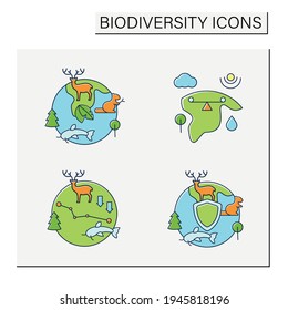 Biodiversity color icons set. Ecosystem balance,protection, loss. Biodiversity concept. Isolated vector illustrations