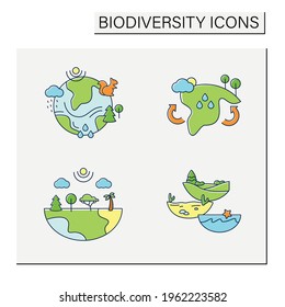 Biodiversity color icons set.Reduce air pollution. Fighting global warming. Saving flora and fauna.Species diversity ecosystem icons.Biodiversity concept.Isolated vector illustrations