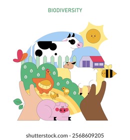 Biodiversity concept. A colorful representation of farm life and agricultural diversity with a variety of animals. Farm ecosystem harmony. Vector illustration.