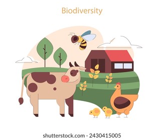 Biodiversity concept. Diverse farm life with livestock, poultry, and bee pollination near a barn, exemplifying sustainable agriculture.