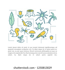 Biodiversity concept linear illustration. Flora, fauna. Article, brochure, magazine page template. Biology. Animals, plants protection. Nature. Text box. Print design. Vector isolated outline drawing