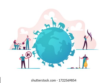 Biodiversity Concept. Tiny Characters Care of Various Wildlife Creatures and Plants. Mammals, Birds, Fish, Flora and Fauna Life Endangered Conservation on Earth. Cartoon People Vector Illustration