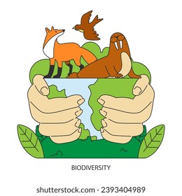 Conservación de la biodiversidad. Restauración y preservación de especies de flora y fauna amenazadas. Concienciación sobre el clima terrestre y ahorro de hábitat. Ilustración vectorial plana