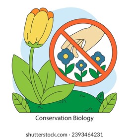 Conservación de la biodiversidad. Flor en peligro de extinción y signo prohibido contra la recolección de flores. Biología de conservación. Protección de la flora natural. Ilustración vectorial plana.