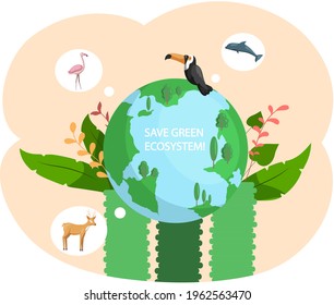 Biodiversity, conservation of nature and environmental protection. Representatives of flora and fauna on planet Earth. Save green ecosystem concept. Planet with different types of animals and birds