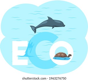 Biodiversity, conservation of nature and environmental protection. Flora and fauna on Earth. Green ecosystem of our planet. Huge dolphin is jumping. Globe with sea inhabitants