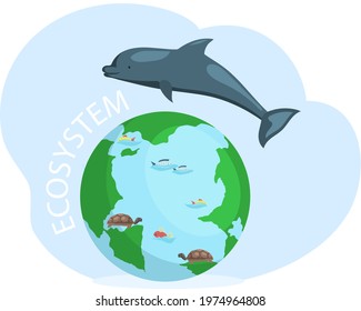 Biodiversity, conservation of nature and environmental protection. Flora and fauna on Earth. Green ecosystem of our planet. Huge dolphin is jumping across planet. Globe with sea inhabitants