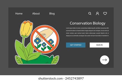 Anuncio o página de aterrizaje de Web en modo oscuro o noche de conservación de biodiversidad. Flor en peligro de extinción y recogida de flores signo prohibido. Biología de la conservación. Protección de la flora. Ilustración vectorial plana.