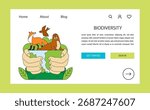 Biodiversity conservation web banner or landing page. Endangered flora and fauna species restoration and preservation. Earth climate awareness and habitat saving. Flat vector illustration