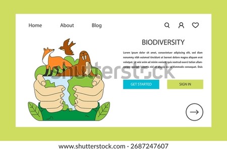 Biodiversity conservation web banner or landing page. Endangered flora and fauna species restoration and preservation. Earth climate awareness and habitat saving. Flat vector illustration
