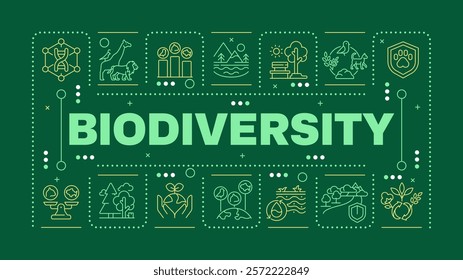 Biodiversity dark green word concept. Species diversity, ecosystem services. Environmental balance. Horizontal vector image. Headline text surrounded by editable outline icons