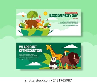 Día de la Biodiversidad Banner Horizontal Dibujo Animado Plano Plantillas Dibujadas a Mano Ilustración de Fondo