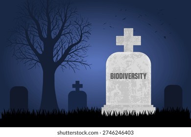 Biodiversity is dead. Grave concept symbolizing environmental destruction and shrinking habitats for flora and fauna.