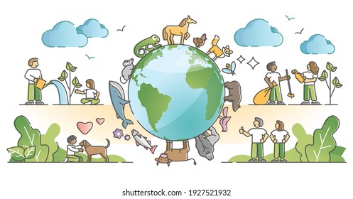 Biodiversity and environmental animal species protection outline concept. Various mammals wildlife preservation with natural habitat respect and care vector illustration. Global climate conservation.