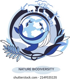 Biodiversity and environmental animal species protection concept. Various mammals wildlife preservation with natural habitat respect and care. Global climate conservation. Saving wildlife ecosystem
